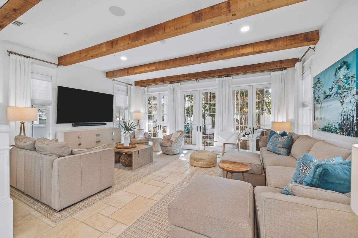 Interior, Living room, Recessed Lighting, Wooden Beams