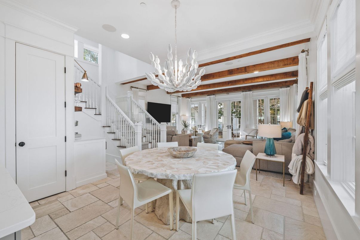 Chandelier, Dining room, Interior, Living room, Recessed Lighting, Wooden Beams
