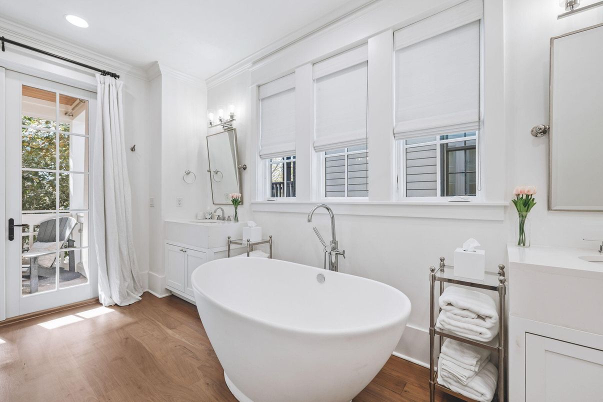 Bathroom, Dual Sink Vanities, Free Standing Baths, Interior, Recessed Lighting, Wood Texture Flooring