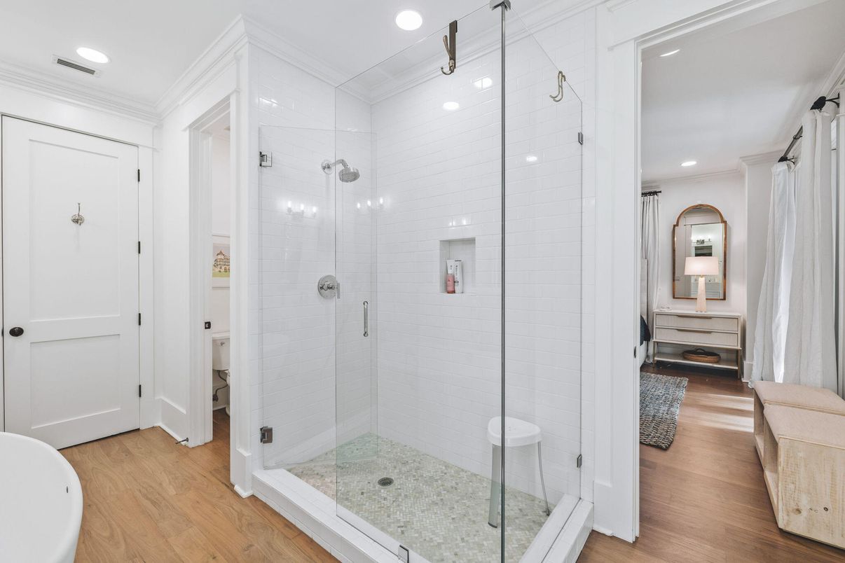Bathroom, Glass Shower, Interior, Recessed Lighting, Wood Texture Flooring