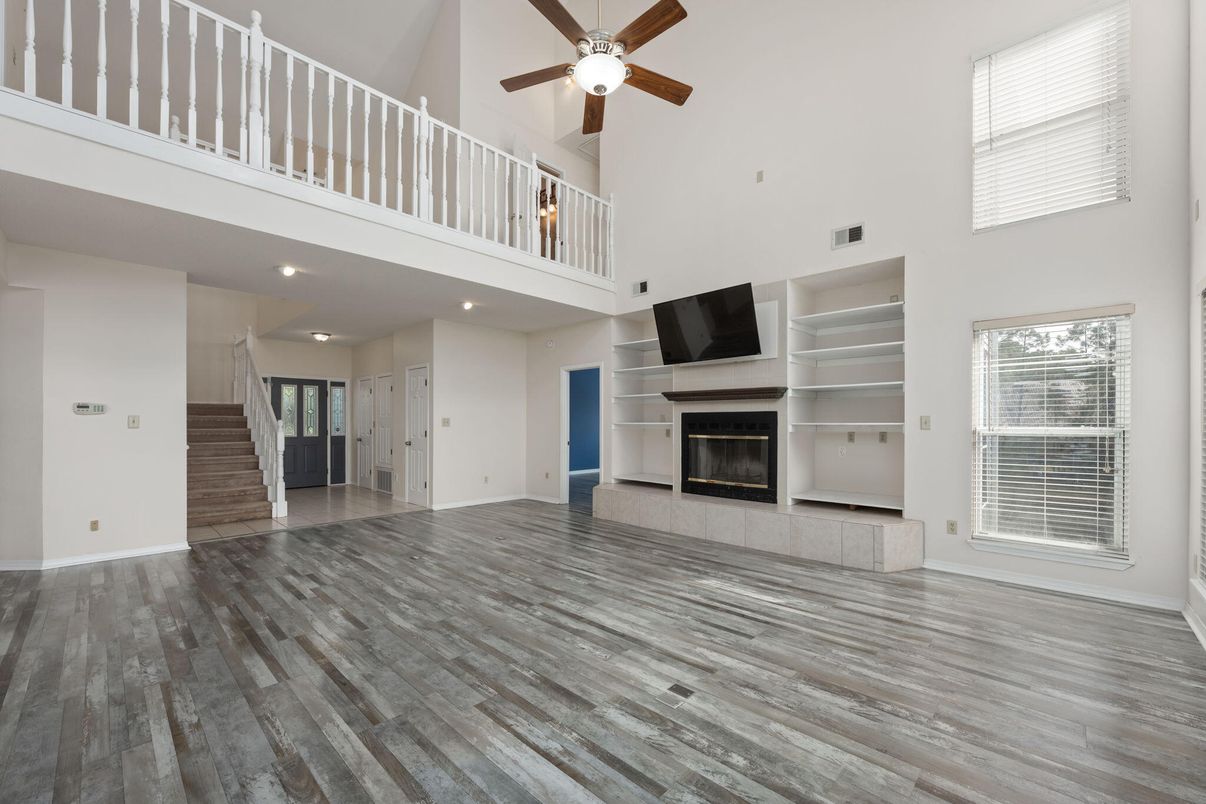 Fireplace, Interior, Recessed Lighting, Wood Texture Flooring