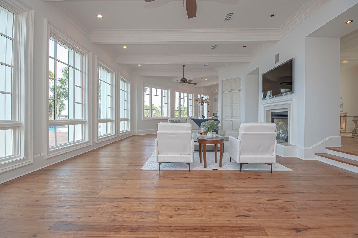 Fireplace, Interior, Living room, Recessed Lighting, Wood Texture Flooring