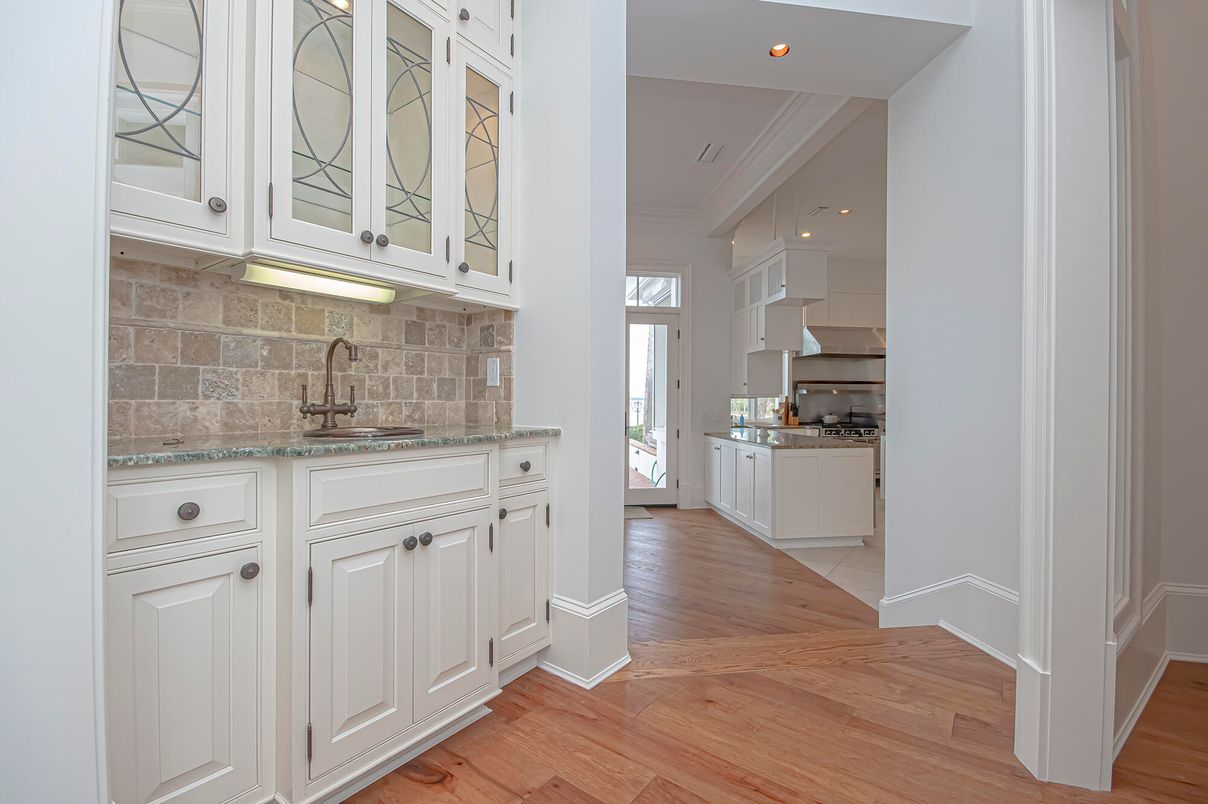 Interior, Kitchen, Recessed Lighting, Stone Walls, Wood Texture Flooring