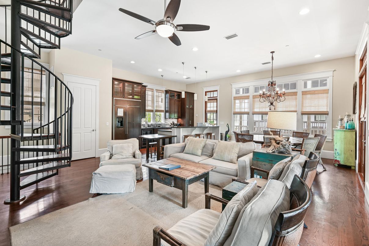 Chandelier, Dining room, Interior, Kitchen, Living room, Pendant Lights, Recessed Lighting, Stainless Steel Appliances, Wood Texture Flooring