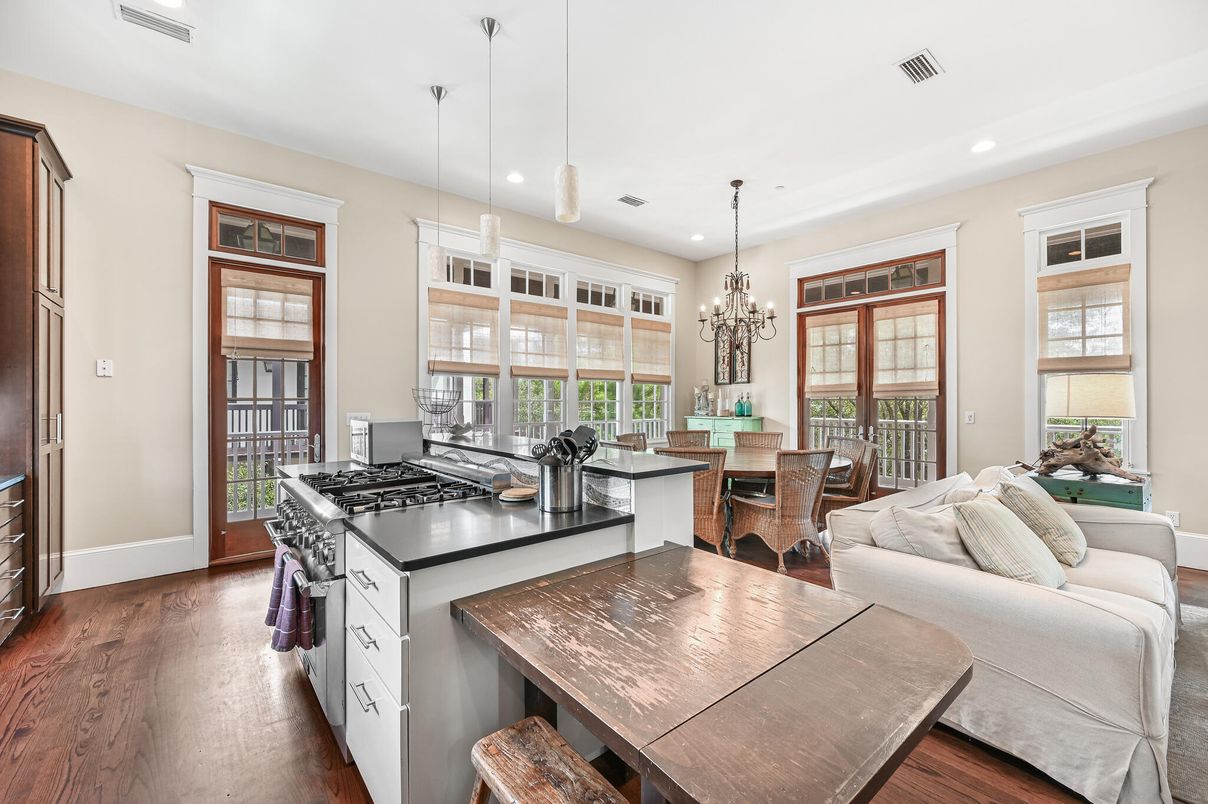 Chandelier, Dining room, Interior, Kitchen, Living room, Pendant Lights, Recessed Lighting, Wood Texture Flooring
