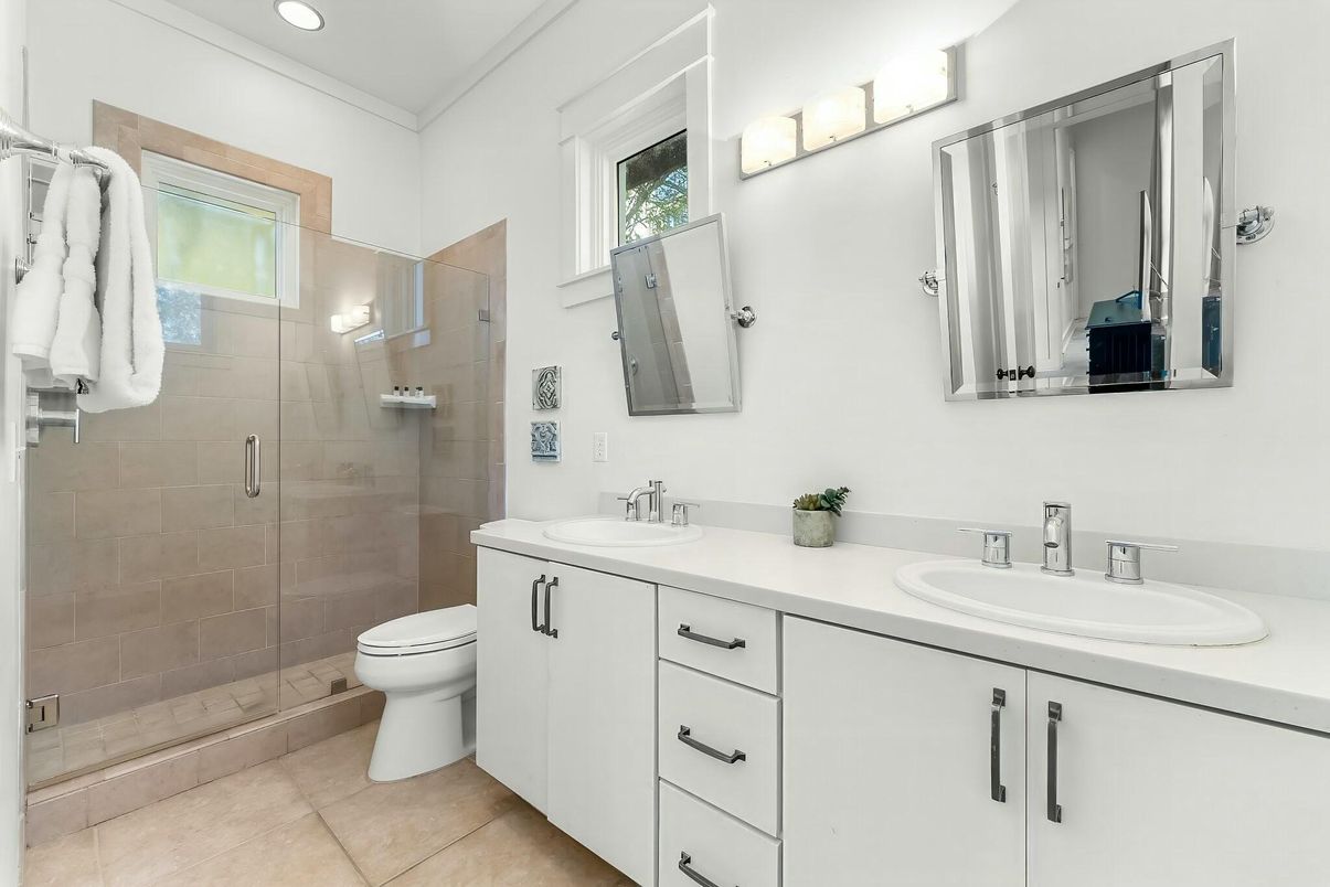 Bathroom, Dual Sink Vanities, Glass Shower, Interior, Recessed Lighting