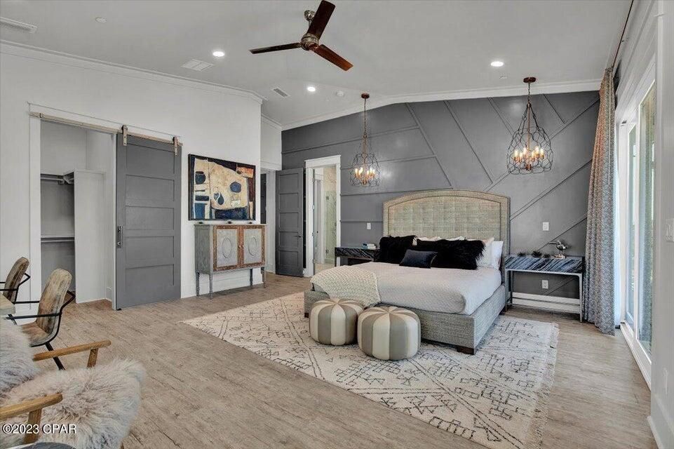 Bedroom, Interior, Pendant Lights, Recessed Lighting, Wood Texture Flooring