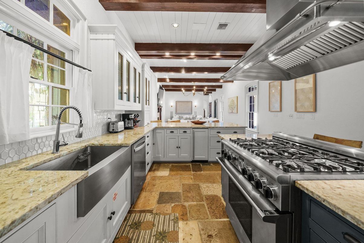 Interior, Kitchen, Recessed Lighting, Stainless Steel Appliances, Wooden Beams