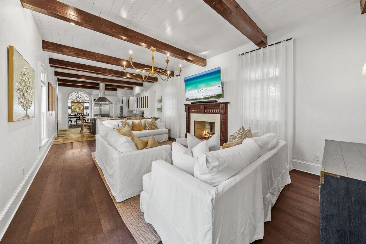 Dining room, Fireplace, Interior, Kitchen, Living room, Pendant Lights, Wooden Beams, Wood Texture Flooring