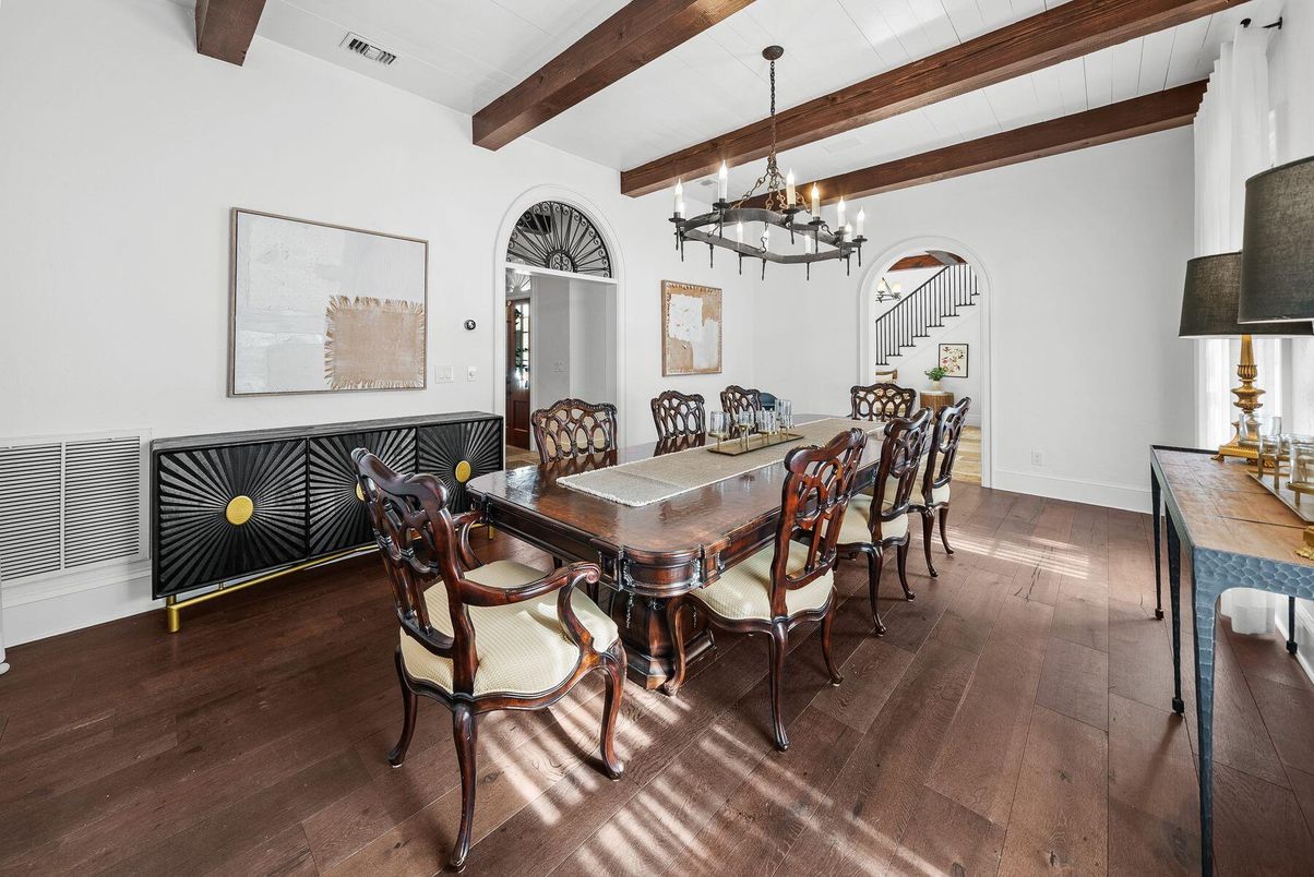 Chandelier, Dining room, Interior, Wooden Beams, Wood Texture Flooring