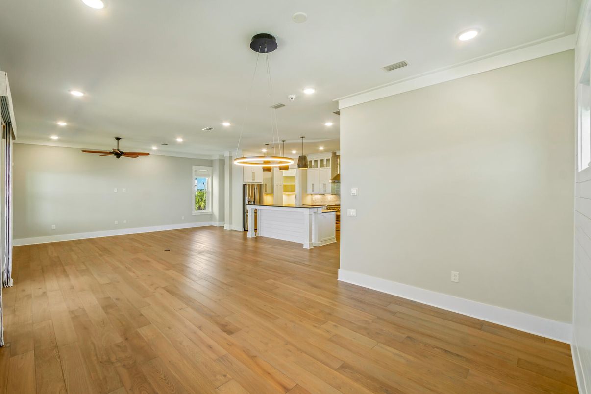 Empty room, Interior, Kitchen, Pendant Lights, Recessed Lighting, Wood Texture Flooring