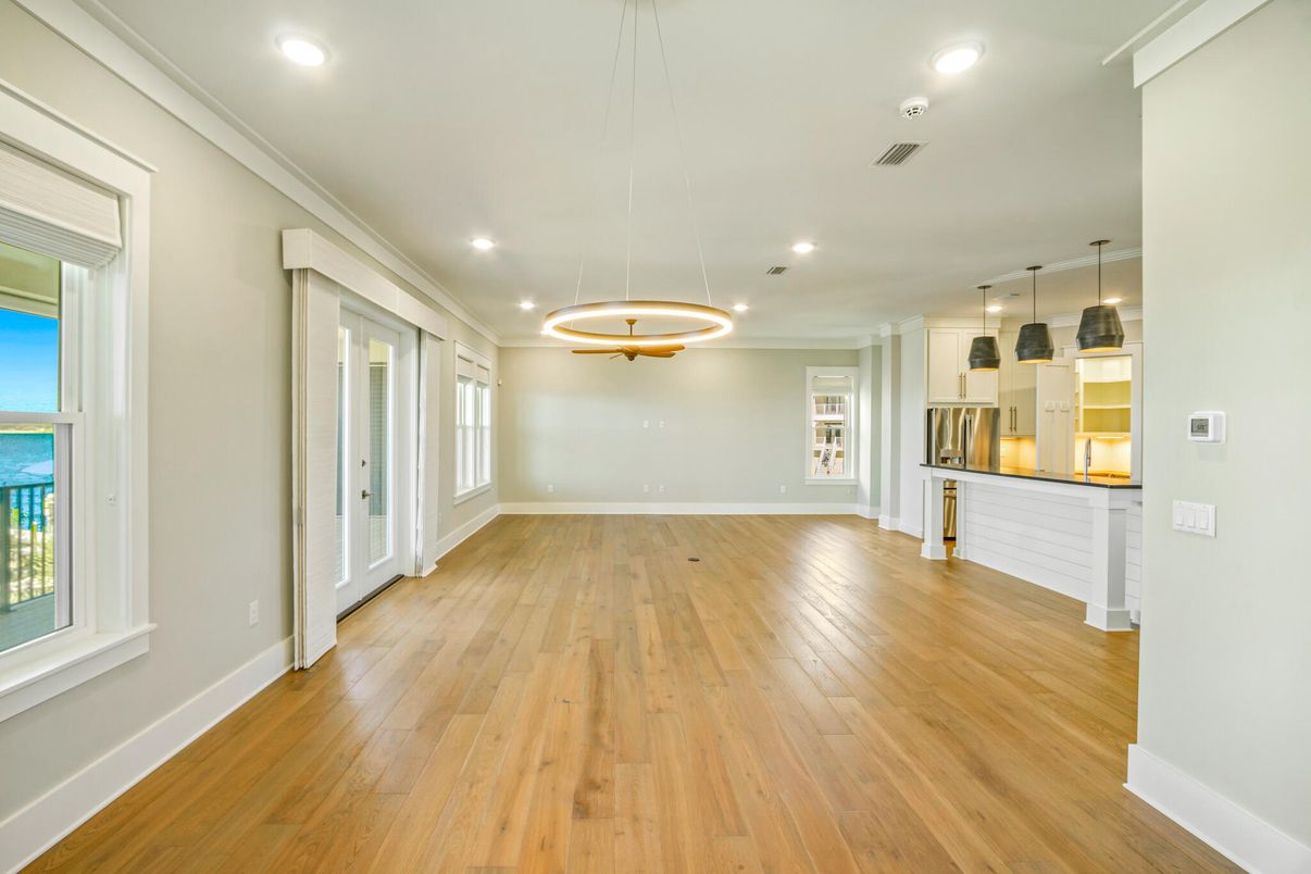 Empty room, Interior, Pendant Lights, Recessed Lighting, Wood Texture Flooring