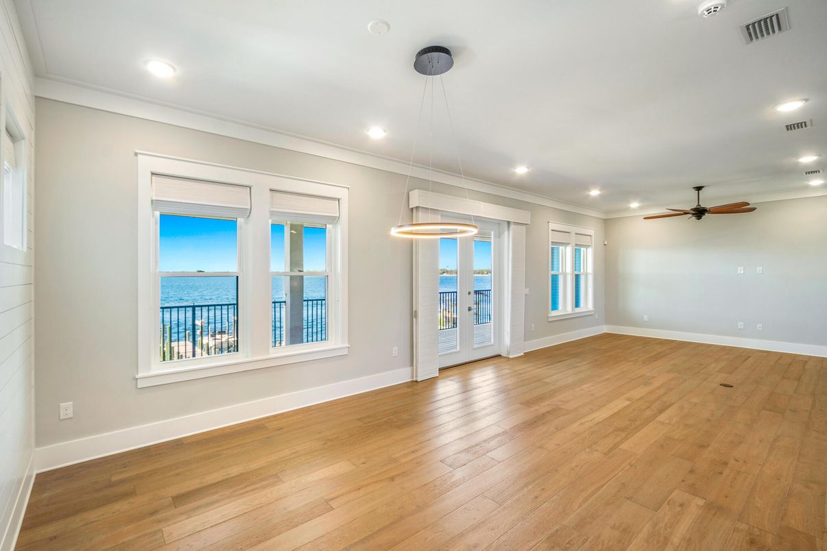 Empty room, Interior, Pendant Lights, Recessed Lighting, Water, Wood Texture Flooring