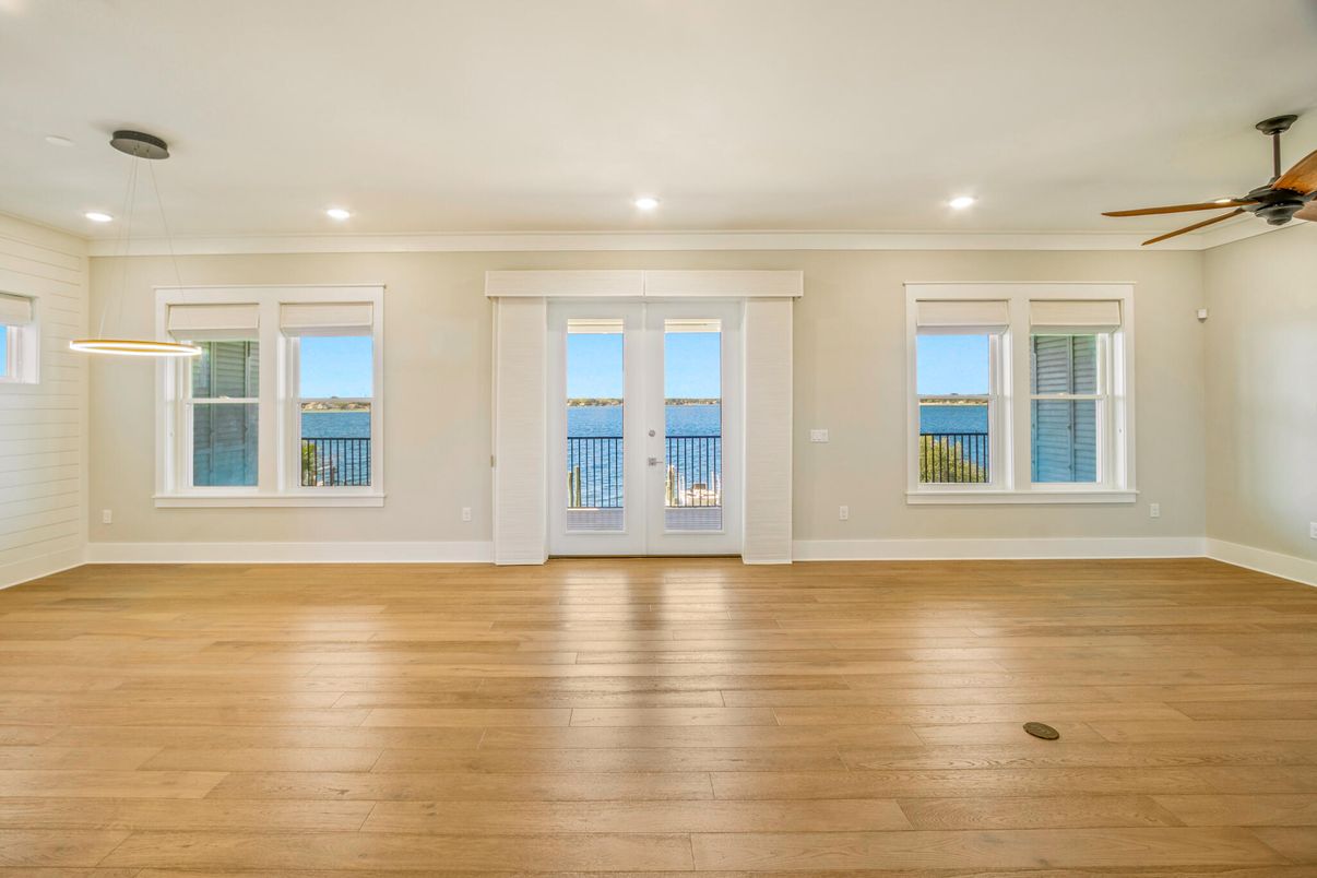 Empty room, Interior, Pendant Lights, Recessed Lighting, Water, Wood Texture Flooring