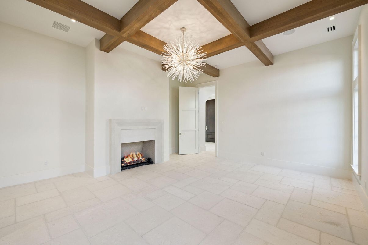 Chandelier, Empty room, Fireplace, Interior, Pendant Lights, Recessed Lighting, Wooden Beams