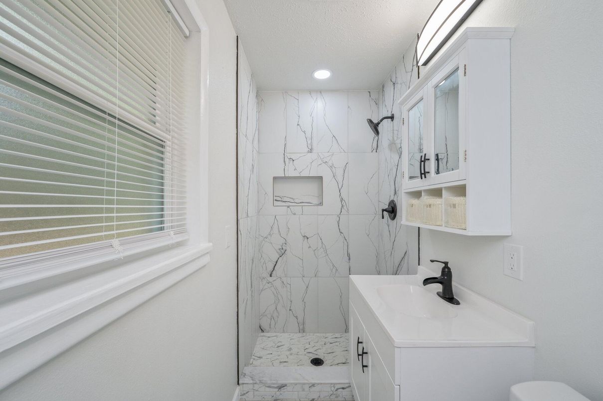 Bathroom, Glass Shower, Interior, Marble, Marble Walls, Recessed Lighting