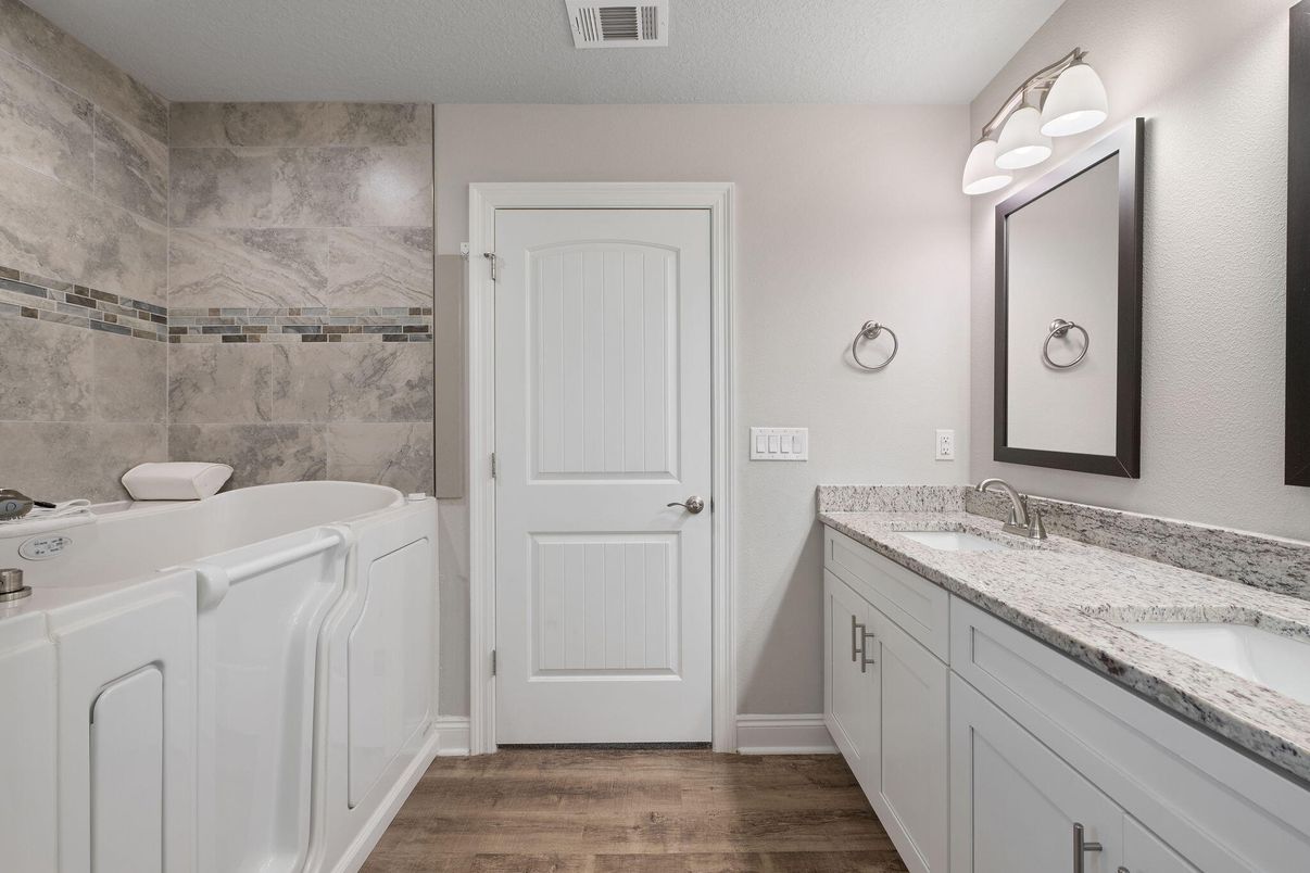 Bathroom, Dual Sink Vanities, Interior, Wood Texture Flooring