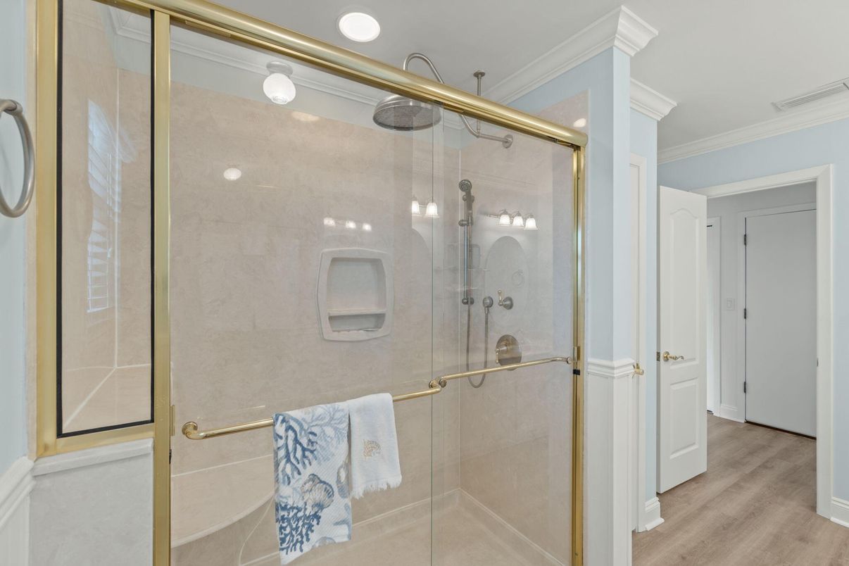 Bathroom, Glass Shower, Interior, Wood Texture Flooring