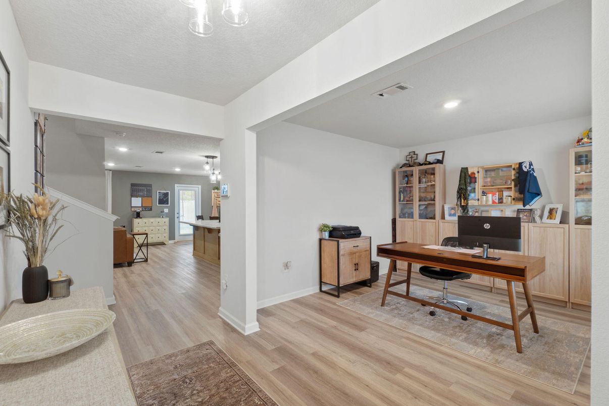 Home Office, Interior, Pendant Lights, Recessed Lighting, Wood Texture Flooring