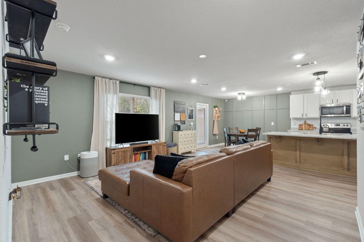 Dining room, Interior, Kitchen, Living room, Recessed Lighting, Stainless Steel Appliances, Wood Texture Flooring