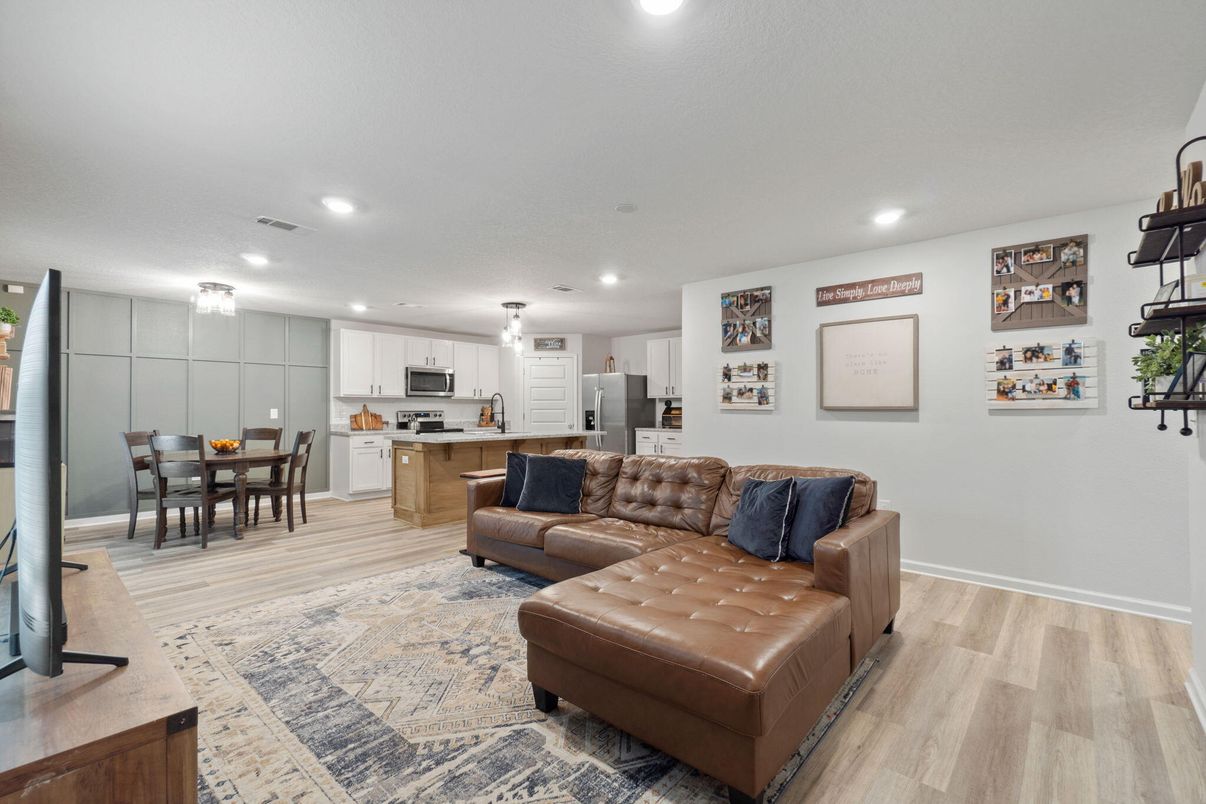 Dining room, Interior, Kitchen, Living room, Recessed Lighting, Stainless Steel Appliances, Wood Texture Flooring