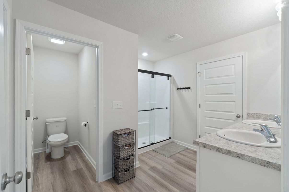 Bathroom, Glass Shower, Interior, Recessed Lighting, Wood Texture Flooring