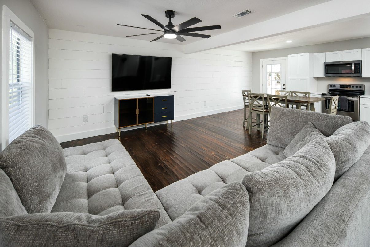 Dining room, Interior, Kitchen, Living room, Recessed Lighting, Stainless Steel Appliances, Wood Texture Flooring