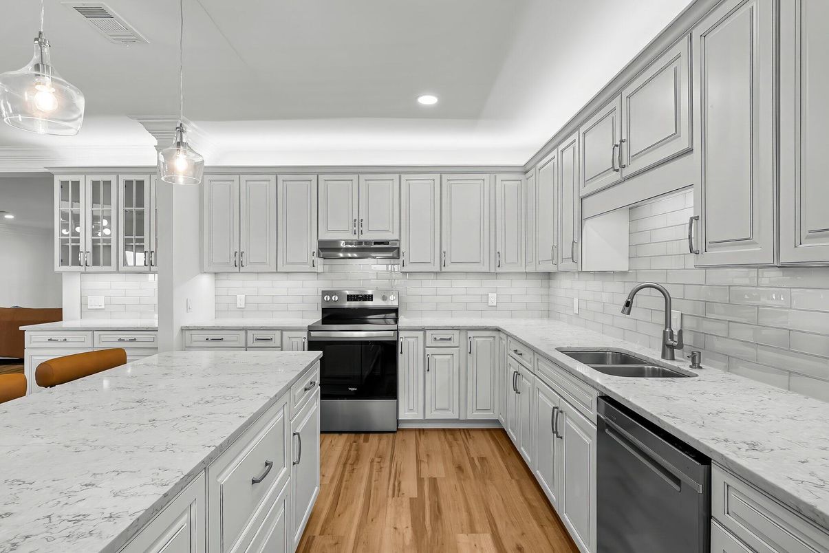 Interior, Kitchen, Pendant Lights, Recessed Lighting, Stainless Steel Appliances, Wood Texture Flooring