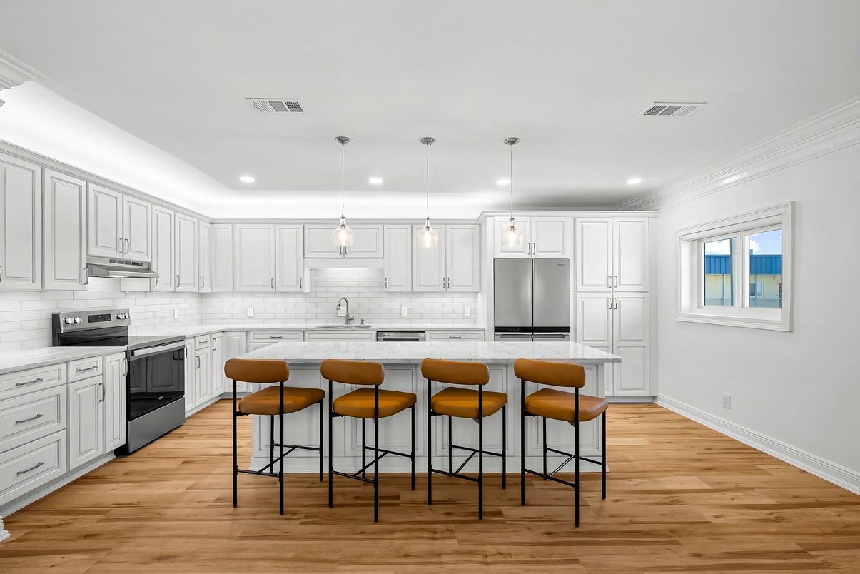 Interior, Kitchen, Pendant Lights, Recessed Lighting, Stainless Steel Appliances, Wood Texture Flooring