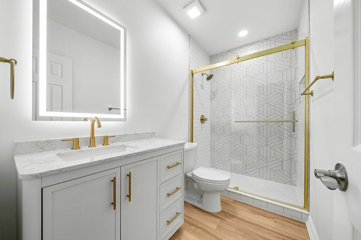 Bathroom, Glass Shower, Interior, Recessed Lighting, Wood Texture Flooring