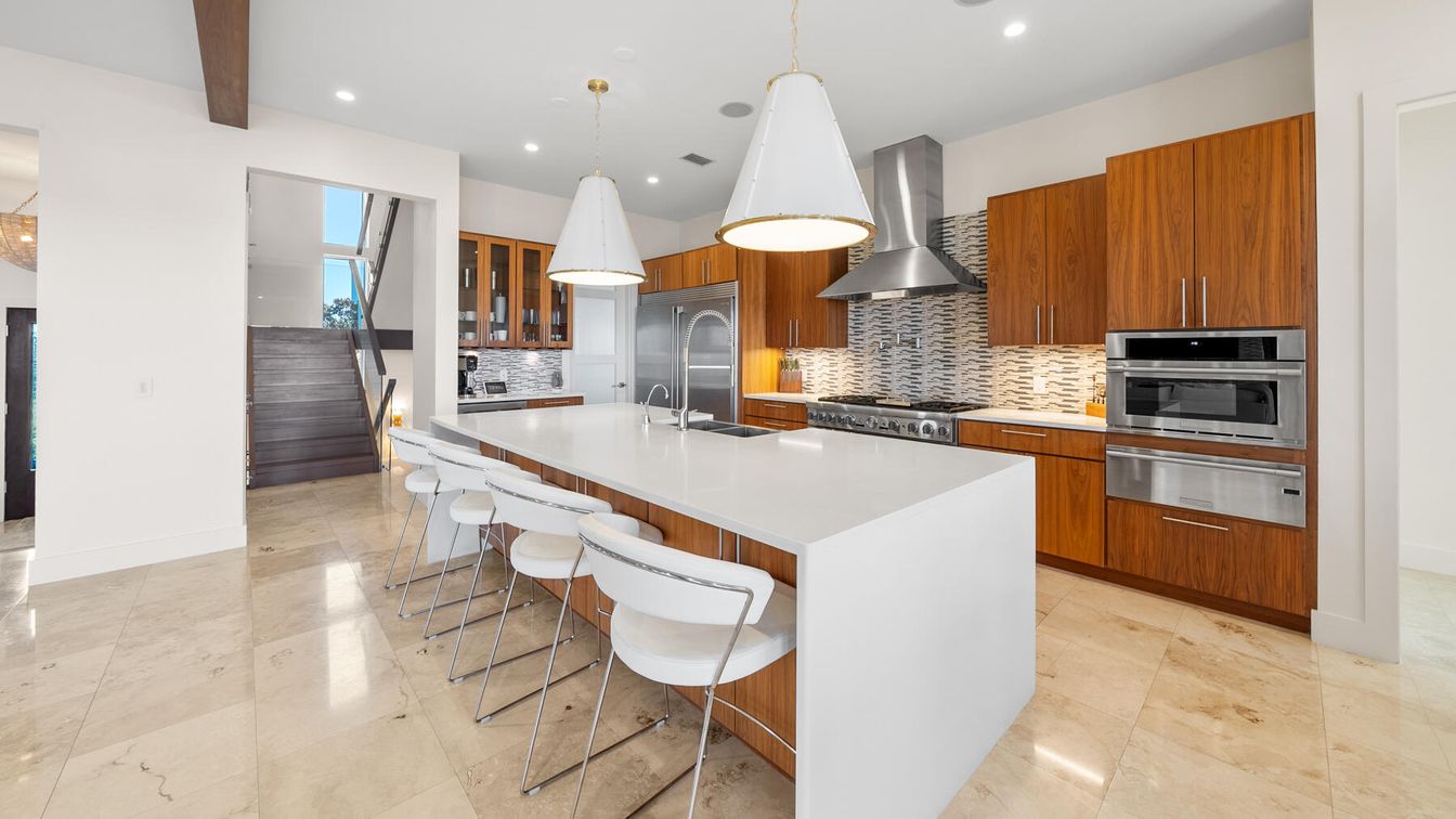 Interior, Kitchen, Pendant Lights, Recessed Lighting, Stainless Steel Appliances, Wooden Beams