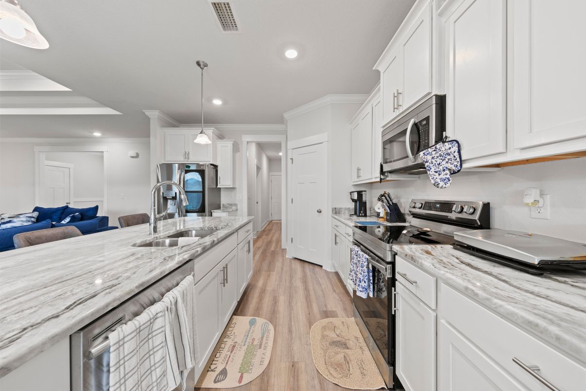 Interior, Kitchen, Pendant Lights, Recessed Lighting, Stainless Steel Appliances, Wood Texture Flooring