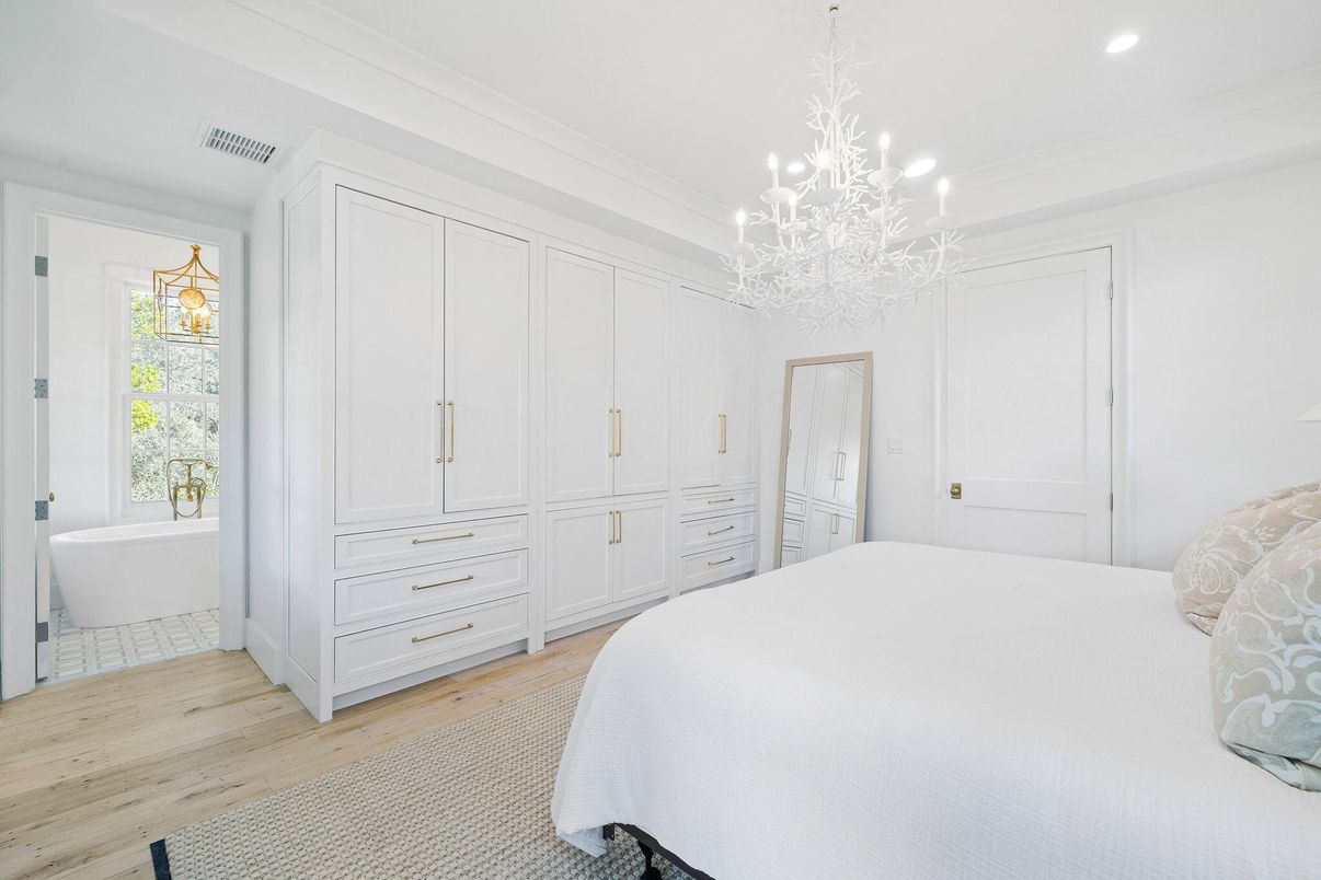 Bedroom, Chandelier, Interior, Recessed Lighting, Wood Texture Flooring
