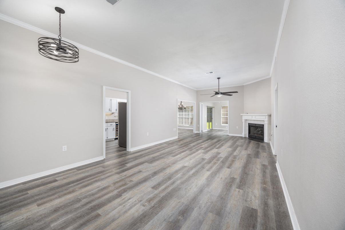Empty room, Fireplace, Interior, Pendant Lights, Wood Texture Flooring