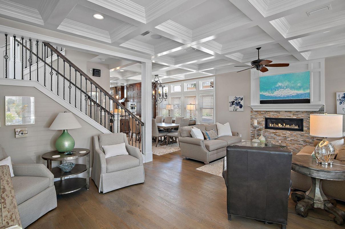 Dining room, Fireplace, Interior, Living room, Pendant Lights, Recessed Lighting, Wood Texture Flooring