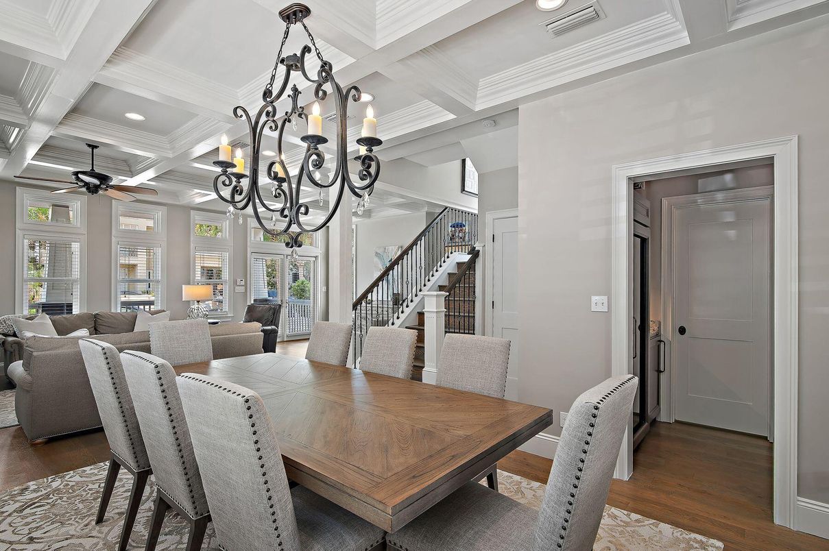 Chandelier, Dining room, Interior, Living room, Recessed Lighting, Wood Texture Flooring