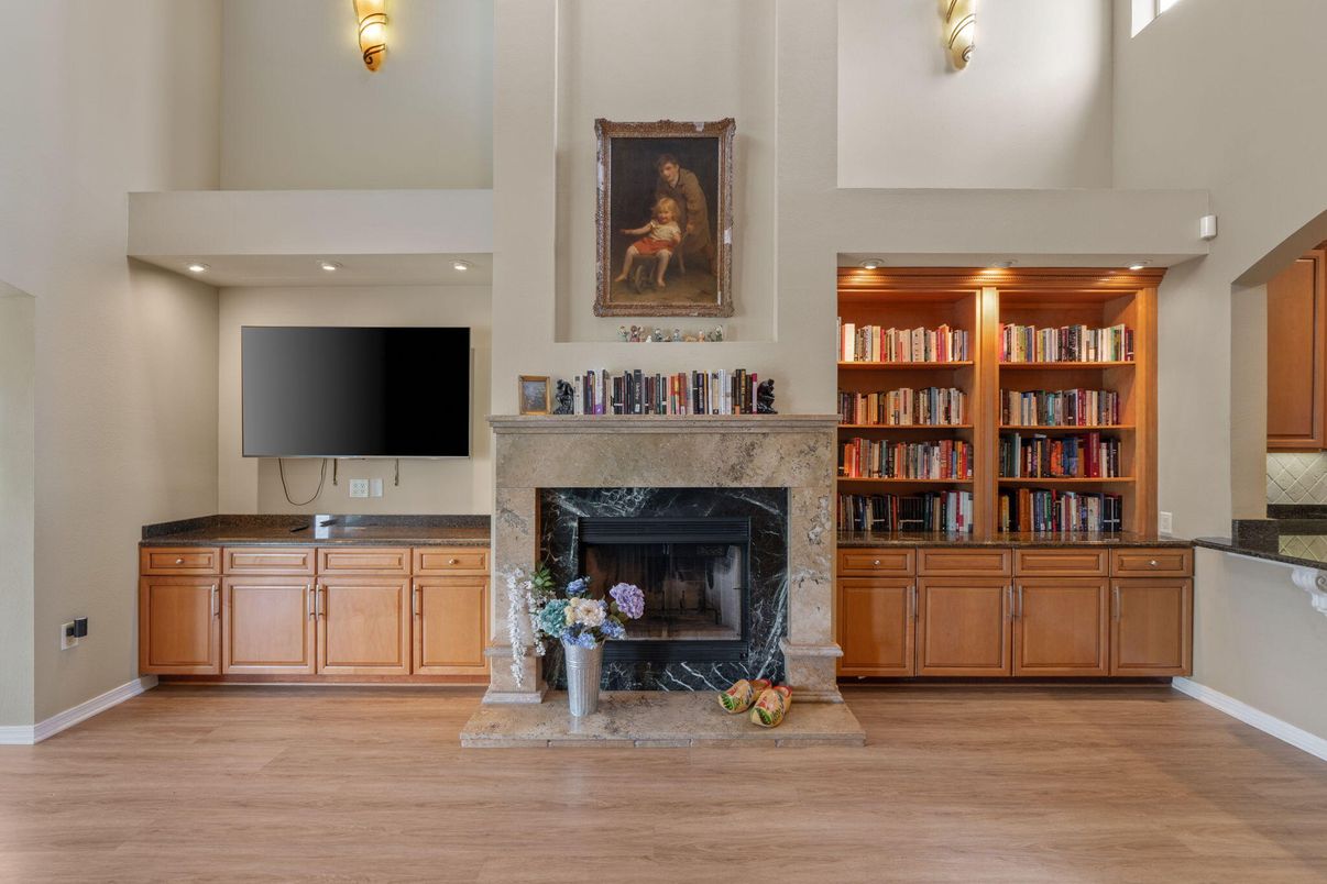 Fireplace, Interior, Recessed Lighting, Wood Texture Flooring