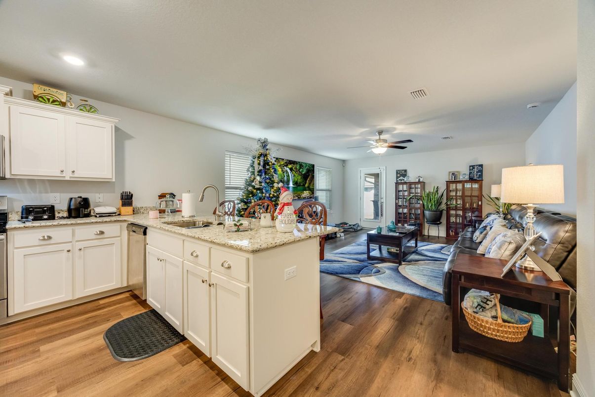Interior, Kitchen, Living room, Recessed Lighting, Wood Texture Flooring