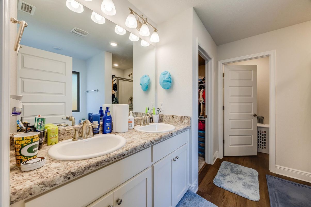 Bathroom, Dual Sink Vanities, Interior, Recessed Lighting, Wood Texture Flooring