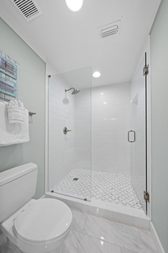 Bathroom, Glass Shower, Interior, Marble, Recessed Lighting