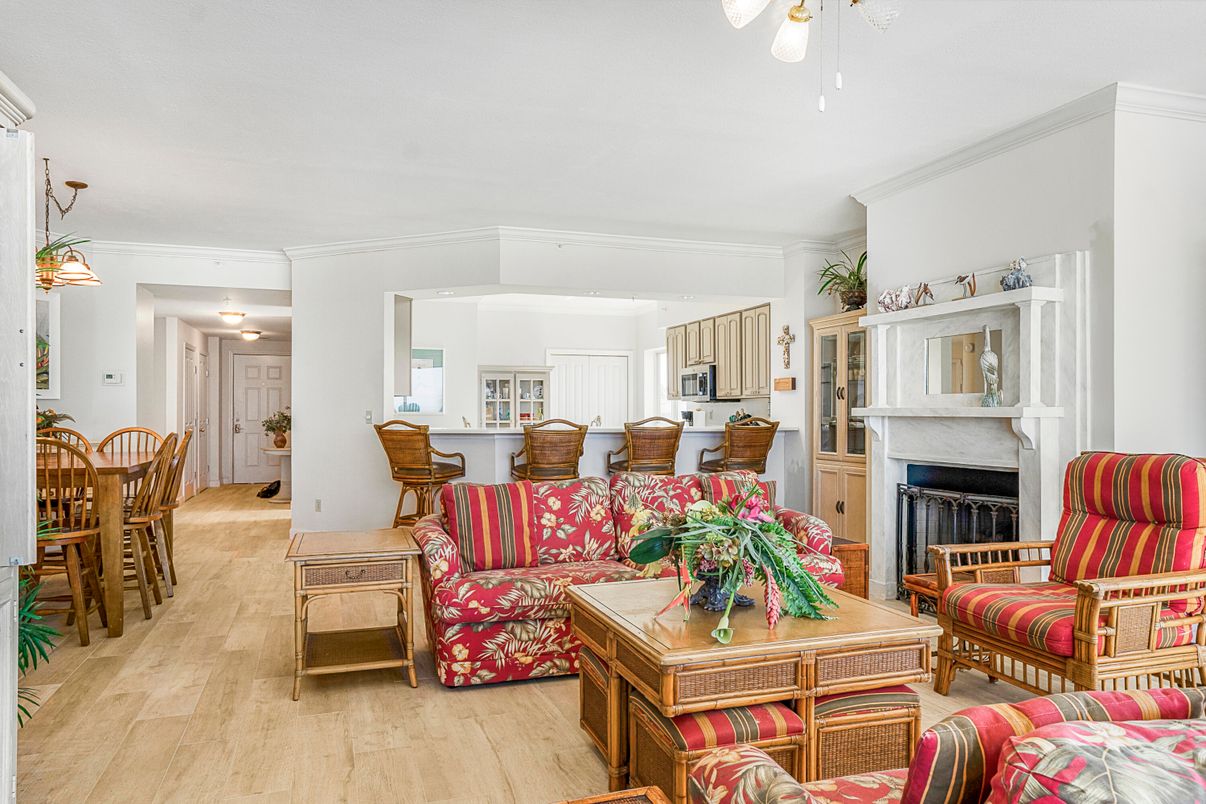 Dining room, Fireplace, Interior, Kitchen, Living room, Pendant Lights, Wood Texture Flooring