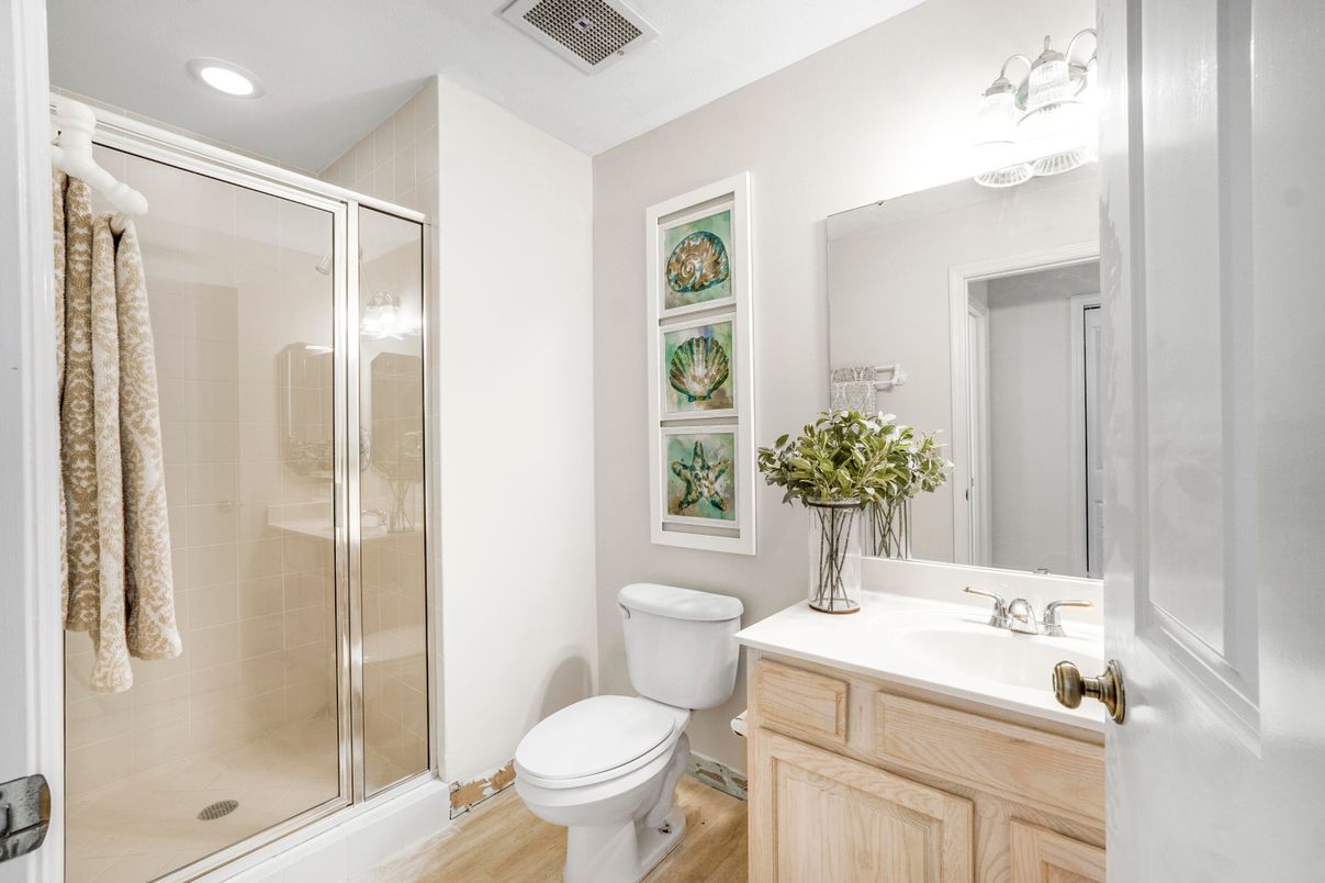 Bathroom, Glass Shower, Interior, Recessed Lighting, Wood Texture Flooring