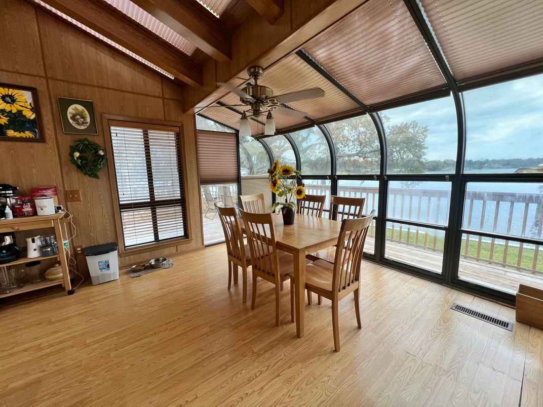 Dining room, Interior, Sun Room, Water, Wooden Beams, Wooden Ceilings, Wood Texture Flooring