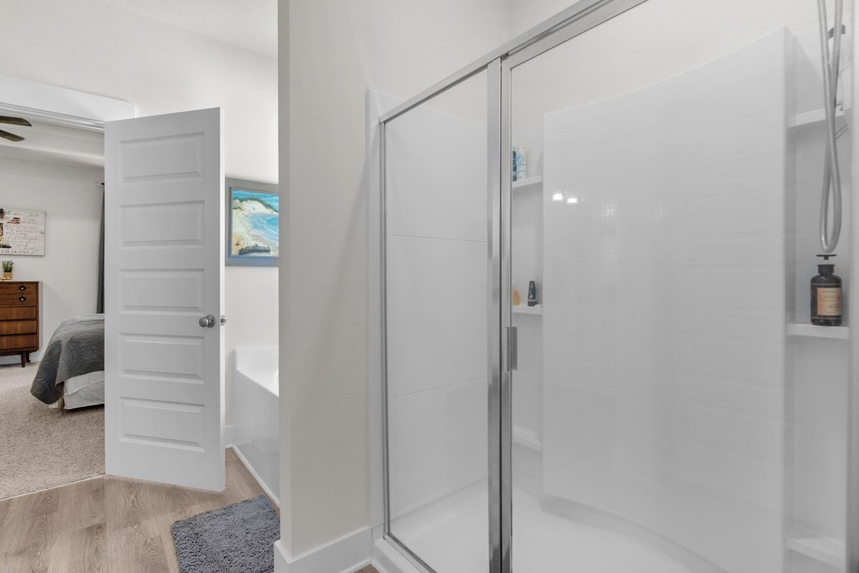 Bathroom, Glass Shower, Interior, Wood Texture Flooring