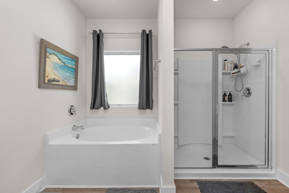 Bathroom, Glass Shower, Interior, Recessed Lighting, Wood Texture Flooring