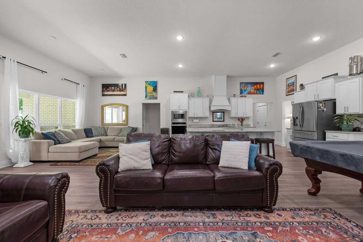Interior, Kitchen, Living room, Recessed Lighting, Stainless Steel Appliances, Wood Texture Flooring