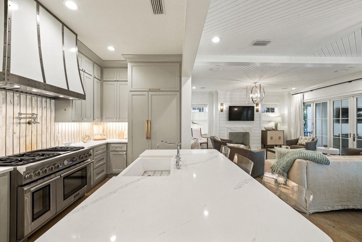 Dining room, Fireplace, Interior, Kitchen, Living room, Pendant Lights, Recessed Lighting, Stainless Steel Appliances, Wood Texture Flooring