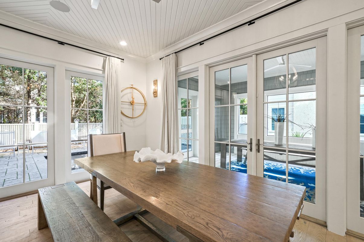 Dining room, Interior, Recessed Lighting, Wood Texture Flooring