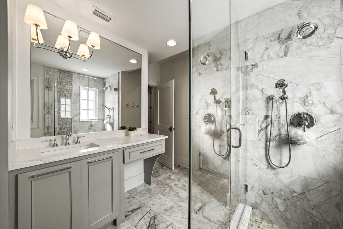 Bathroom, Dual Sink Vanities, Glass Shower, Interior, Marble, Marble Walls, Recessed Lighting