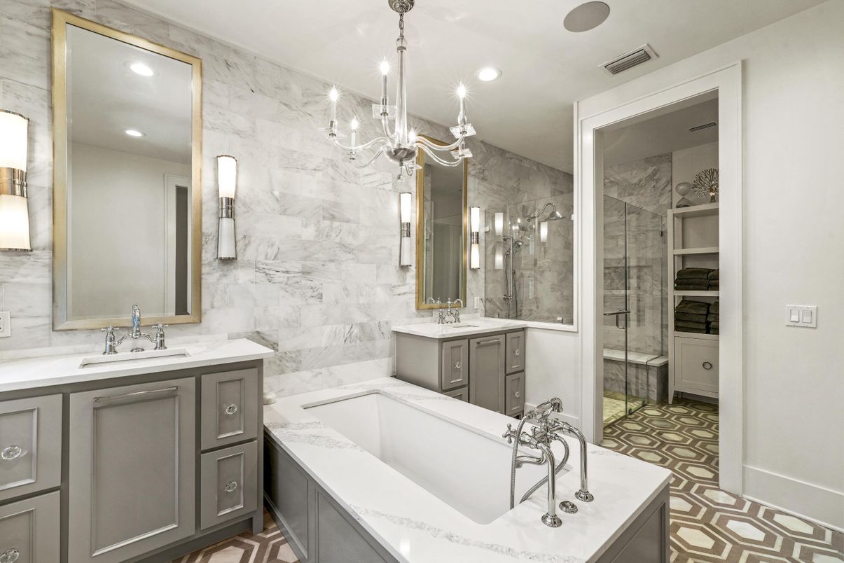 Bathroom, Chandelier, Dual Sink Vanities, Glass Shower, Interior, Marble Walls, Recessed Lighting
